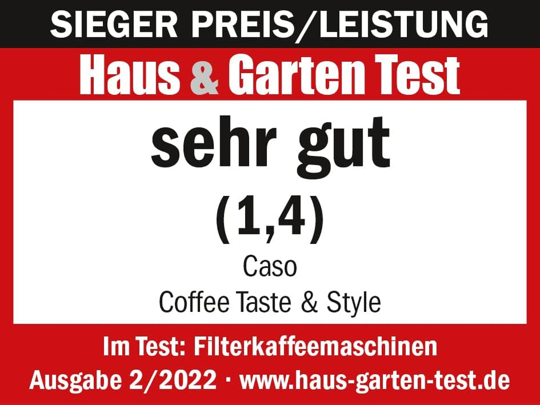 CASO Coffee Taste and Style espressomaskin med permanent filter, 1,5 l, optimal bryggtemperatur 92-96 °C, anti-droppsystem, optimerat brygghuvud, rostfritt stål, 12 koppar