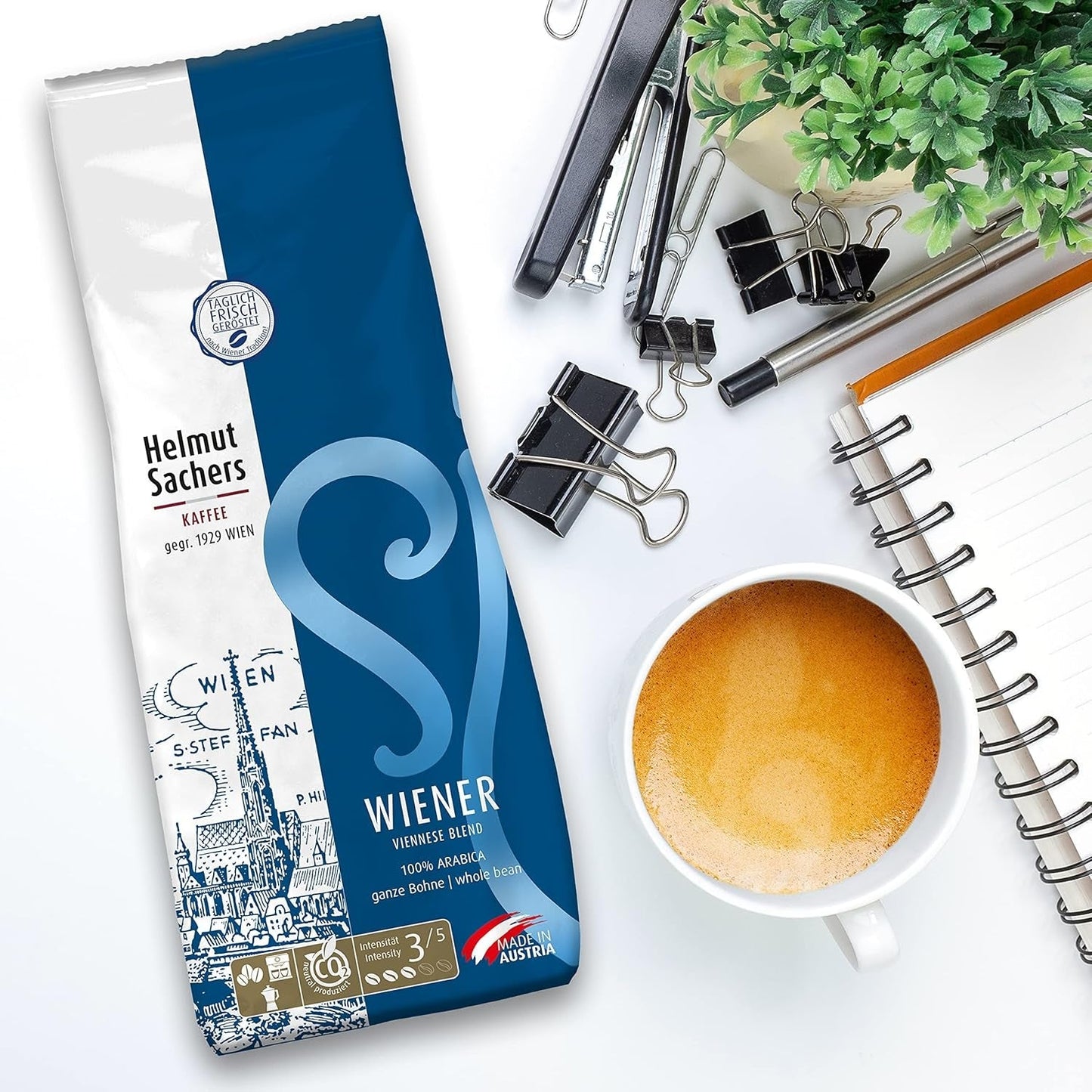 Helmut Sachers Kaffee - Wienerblandning, styrka 3/5, 100 % Arabica, hela kaffebönor, 6 x 500 g Naty Shop