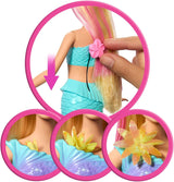 Barbie Meerjungfrauen-Spielzeug Puppe mit magischer Überraschungs Blüte, Schwanzflosse mit Farbverlauf, perlenbesetzten Haarreif och långa blonda Haar med rosa Strehchen, JDM72