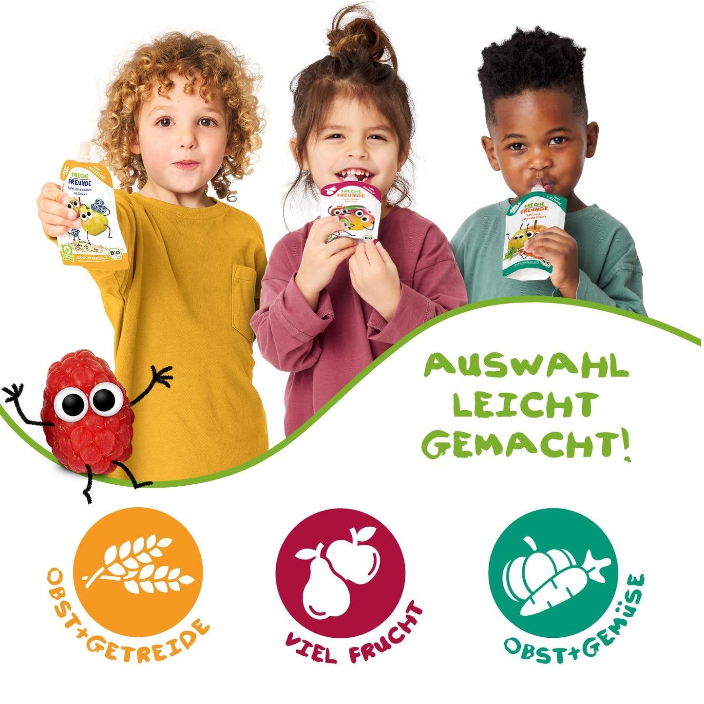 FRECHE FREUNDE Ekologisk pressbar fruktpåse med äpplen, jordgubbar, rödbetor och morot, frukt- och grönsakspuré i en pressbar påse för spädbarn från 6 månader, vegansk, 6-pack (6 x 100 g)