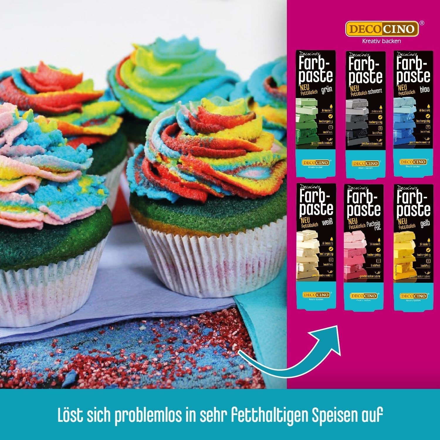 Decocino Fettlöslig färgpasta Set om 6 - 6 x 15 g - Livsmedelsfärg i rött, vitt, grönt, gult, blått och svart, perfekt för att färga tårtor, fondant och krämer - Azo- och glutenfri