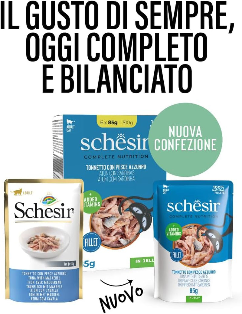 , Tonfisk med blå fisk i gelé, komplett våtfoder för katter, i påse, med ytterligare vitaminer, 100% naturlig, 6 x 85 g