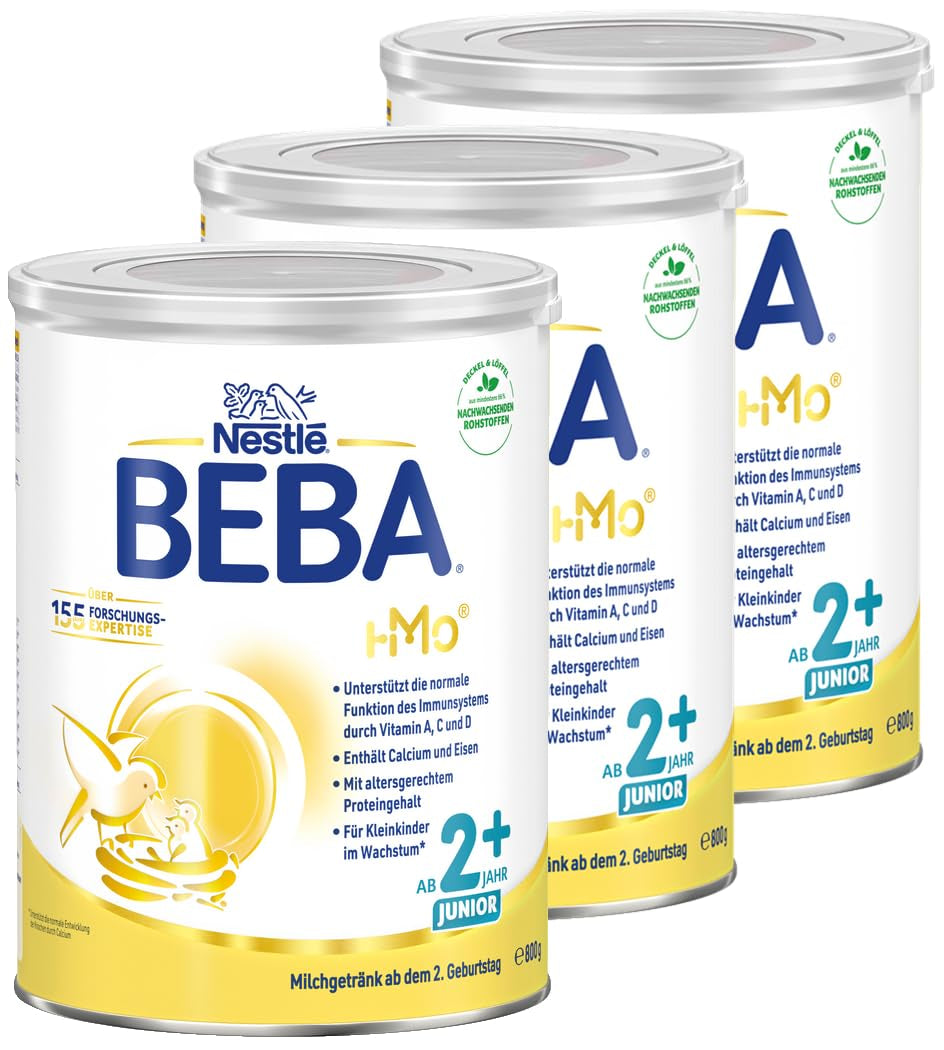 BEBA Junior 2+ mjölkdryck från 2 år, med HMO, åldersanpassat proteininnehåll, endast laktos, ingen palmolja, ingen fiskolja, småbarnsmat, babymjölkpulver, 3-pack (3 x 800g)