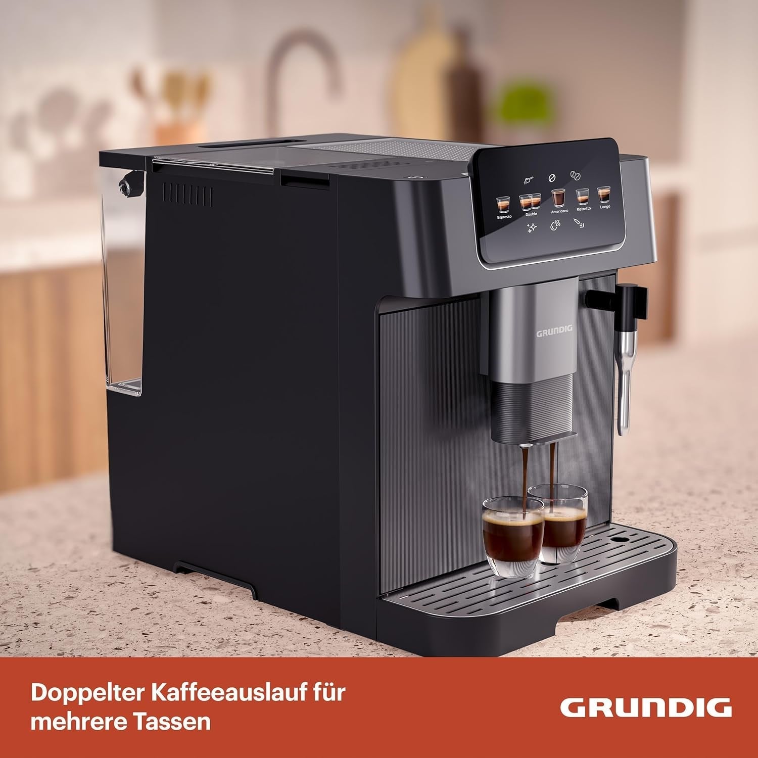 GRUNDIG KVA 6230 helautomatisk espressomaskin med mjölkskummare, rostfri kvarn med 13 malningsinställningar, bönbehållare 250 g, avtagbar vattentank 2 liter, pumptryck 19 bar, pekskärm, svart