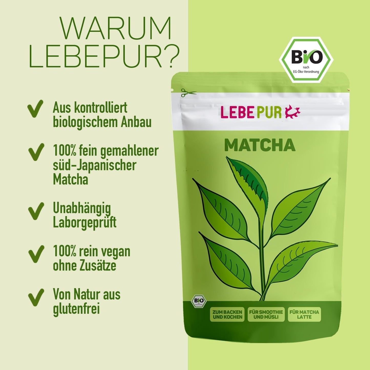 Lebepur BIO Matcha-pulver 100G - Premiumkvalitet från Japan Inga tillsatser - 100 % rent grönt tepulver för Matcha Latte, Matcha-te, grönt te, smoothie - japanskt grönt te