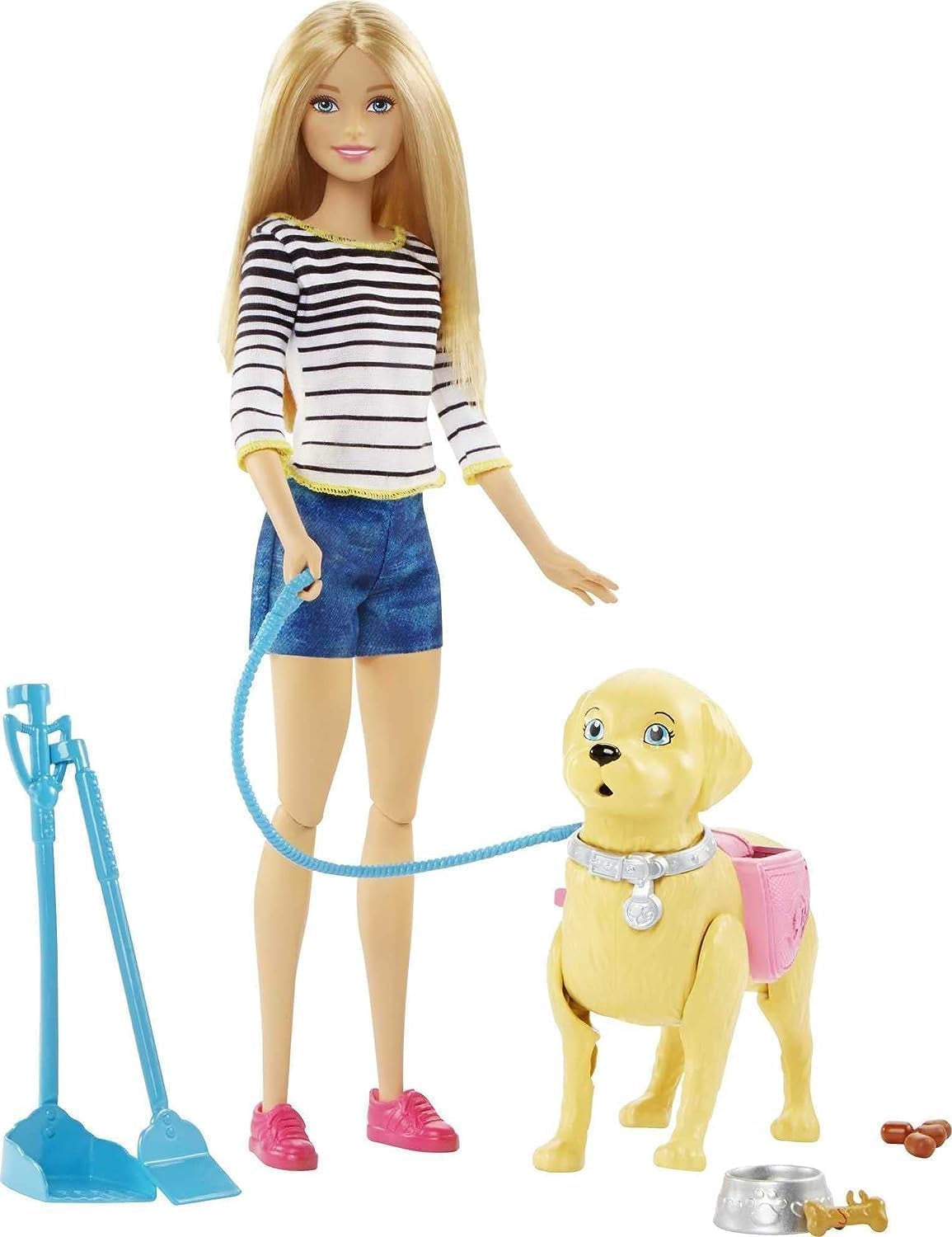 Barbie Walk och pottdocka, blond docka med gåhund, bajssked, tillbehör inklusive dockhund, barnpresent, leksak från 3 år och uppåt, DWJ68