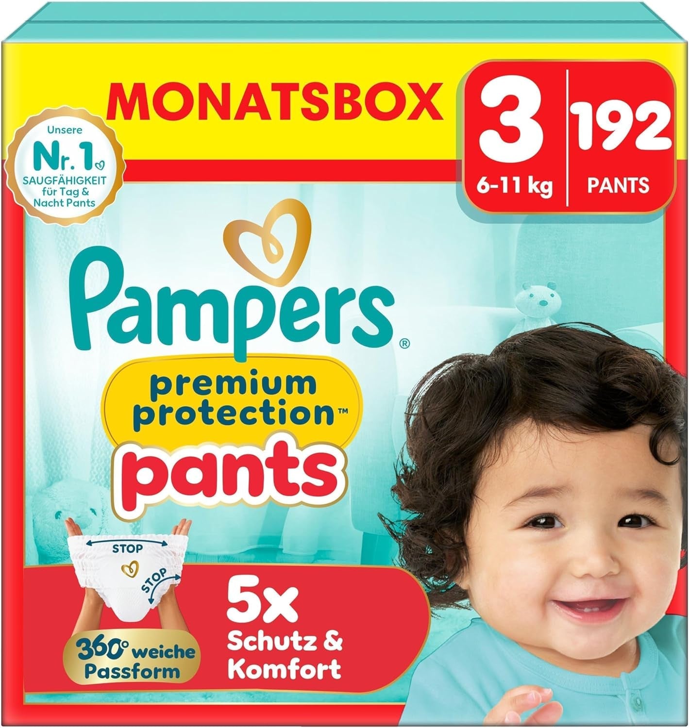 Pampers Premium Protection Pants Storlek 7, 123 Blöjor, 15 kg+, med 360° justering och mjuka anti-läcka muddar för optimal komfort och skydd