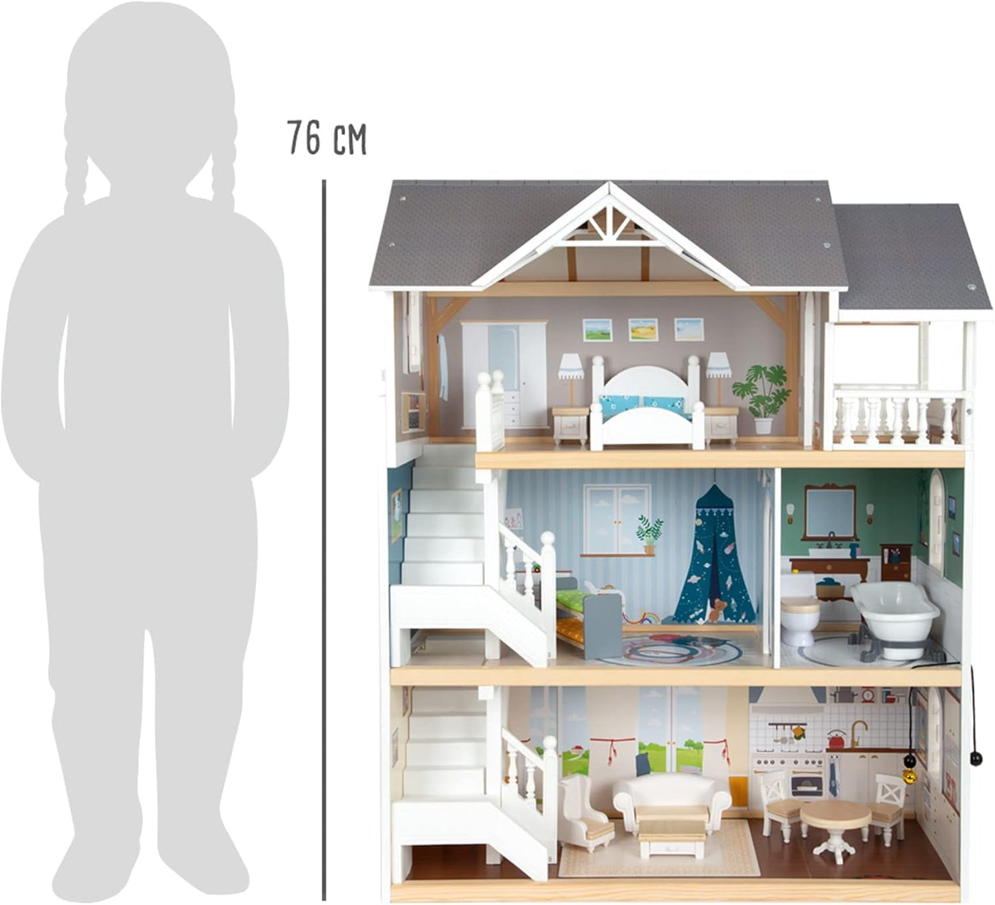 Litet dockhus i tre våningar med öppen front i trä med 12 möbler för 3 år och uppåt 11802 Vita grå dockhus Naty Shop