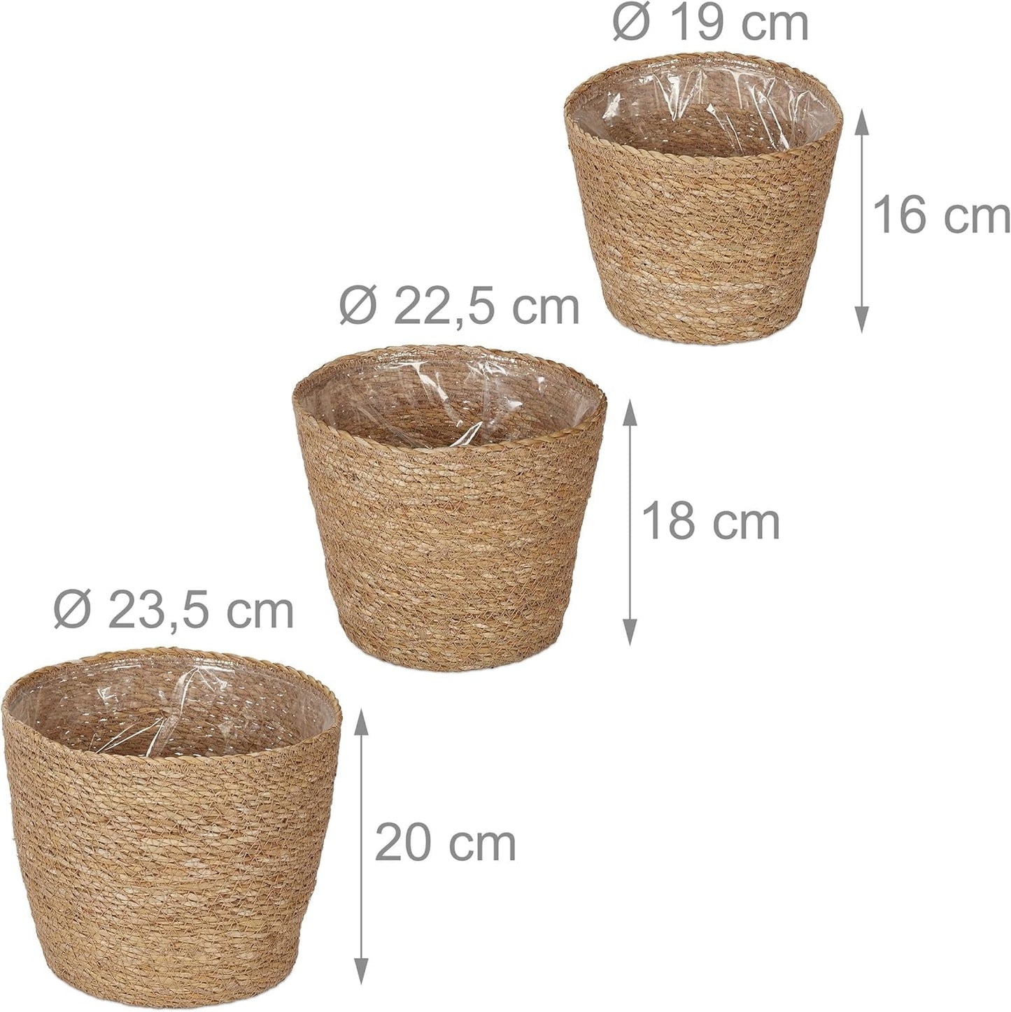 Relaxdays sjögräs blomkrukor Set med 3 runda blom- och örtplanteringskorg med folie 3 storlekar Planteringskorg Natural