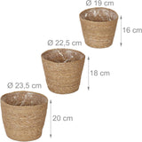 Relaxdays sjögräs blomkrukor Set med 3 runda blom- och örtplanteringskorg med folie 3 storlekar Planteringskorg Natural