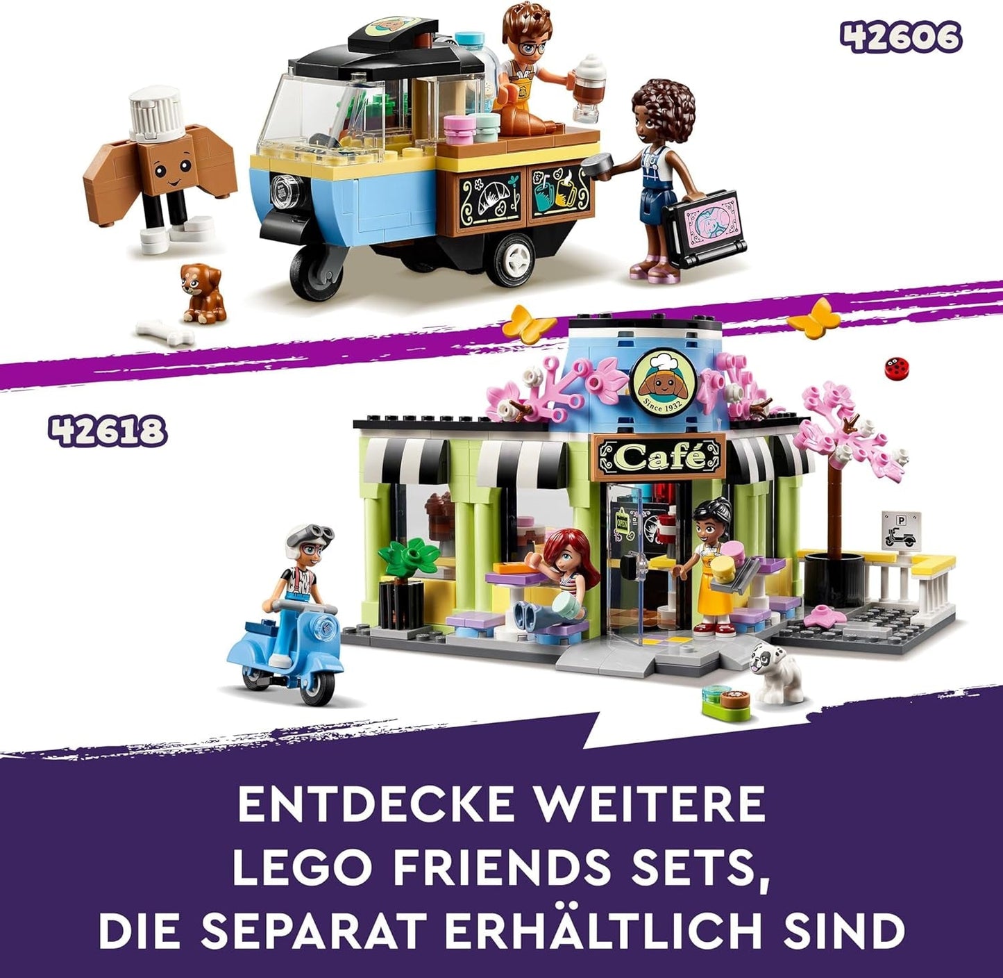 LEGO Friends Heartlake City Café, barnleksak, leksaksbageri, presentidé för flickor och pojkar 6+, set med 3 lekfigurer och hundfigur 42618 Byggset Besuche den LEGO-Store