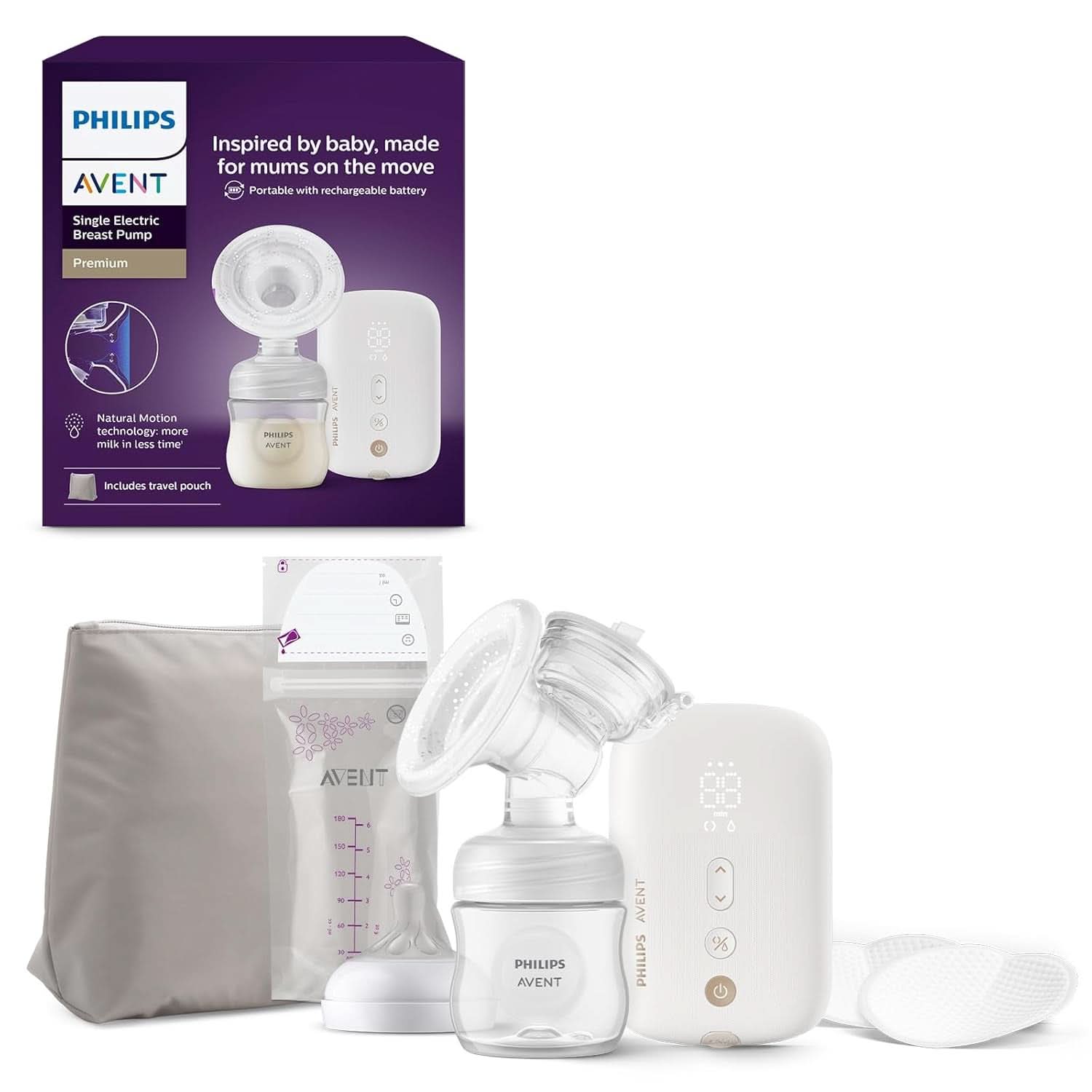 Elektroniska Philips Avent Einzelmilchpumpe Premium - Mit Natural Motion Technologie, Wiederaufladbarem Akku, Timer-Anzeige (Modell SCF396/31) Tillbehör Mat och amning Bebe Naty Shop