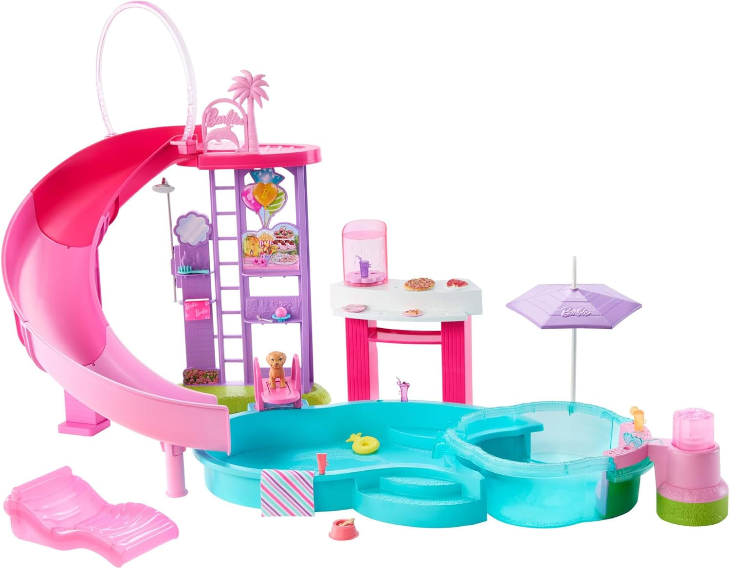 Barbie Dream Pool Playset med sex lekområden inklusive en rutschkana och jacuzzi, plus över 20 tillbehör som ett husdjur, simringar och mer, JKG83