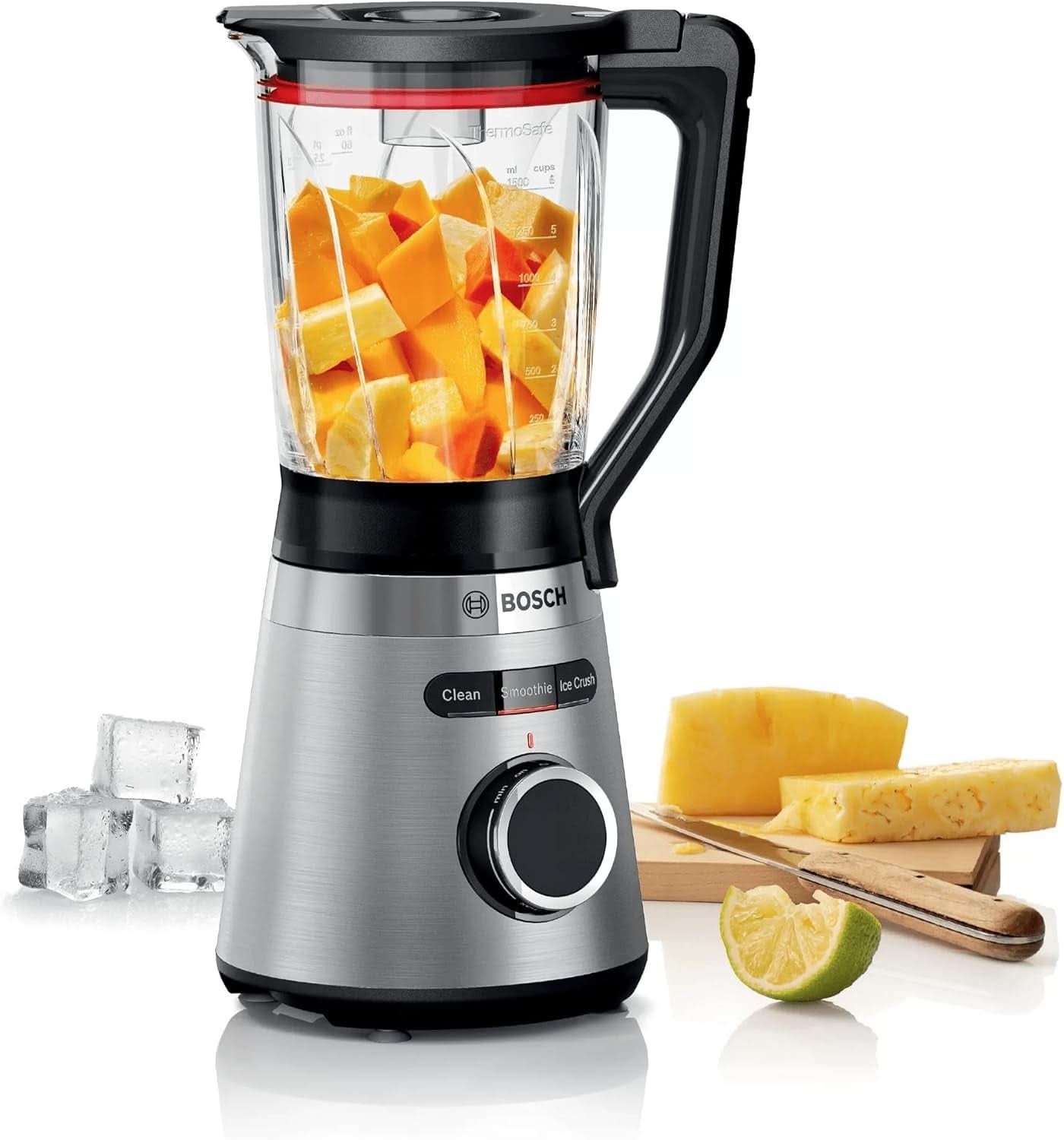 Bosch Standmixer Vitapower Serie 4 MMB6382M, Edelstahl-Klingen Tillverkad i Tyskland, 1,5L Thermosafe Glasbehälter, Stopfer, Sicherheitsdeckel, Spülmaschinengeeignete Teile, 30 000 U/Min, 1200 W, Edelstahl Kitchen Naty Shop