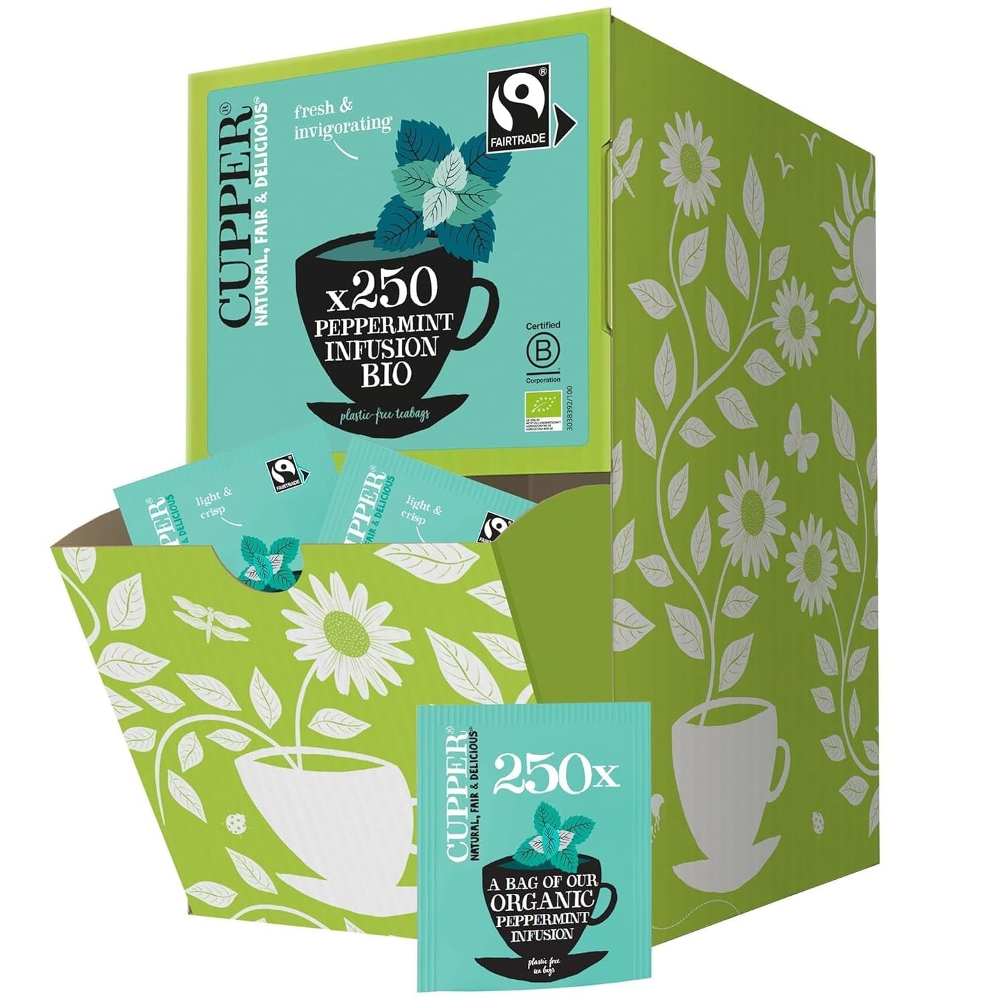 Cupper Ekologisk fruktte Tranbär Hallon | Hallon te | 250 oblekta tepåsar | Big Pack | Perfekt för kontoret | Ekologisk | Rättvis handel