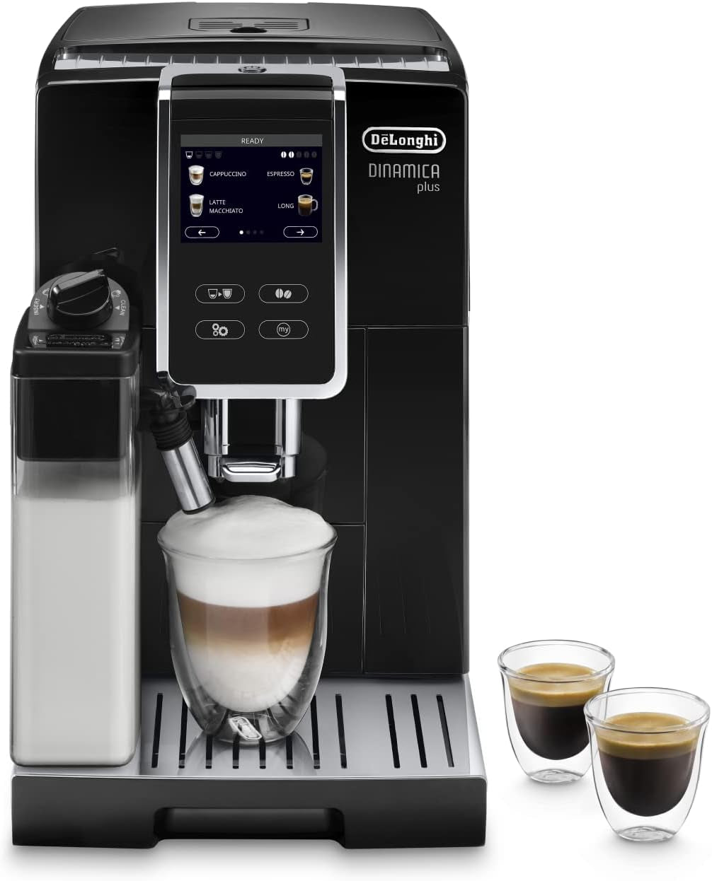 De'Longhi Dinamica Plus ECAM 370.70.B helautomatisk espressomaskin med LatteCrema mjölk, cappuccino och espressosystem, 3,5 tums TFT färgpekskärm och appkontroll, kaffefunktion, svart