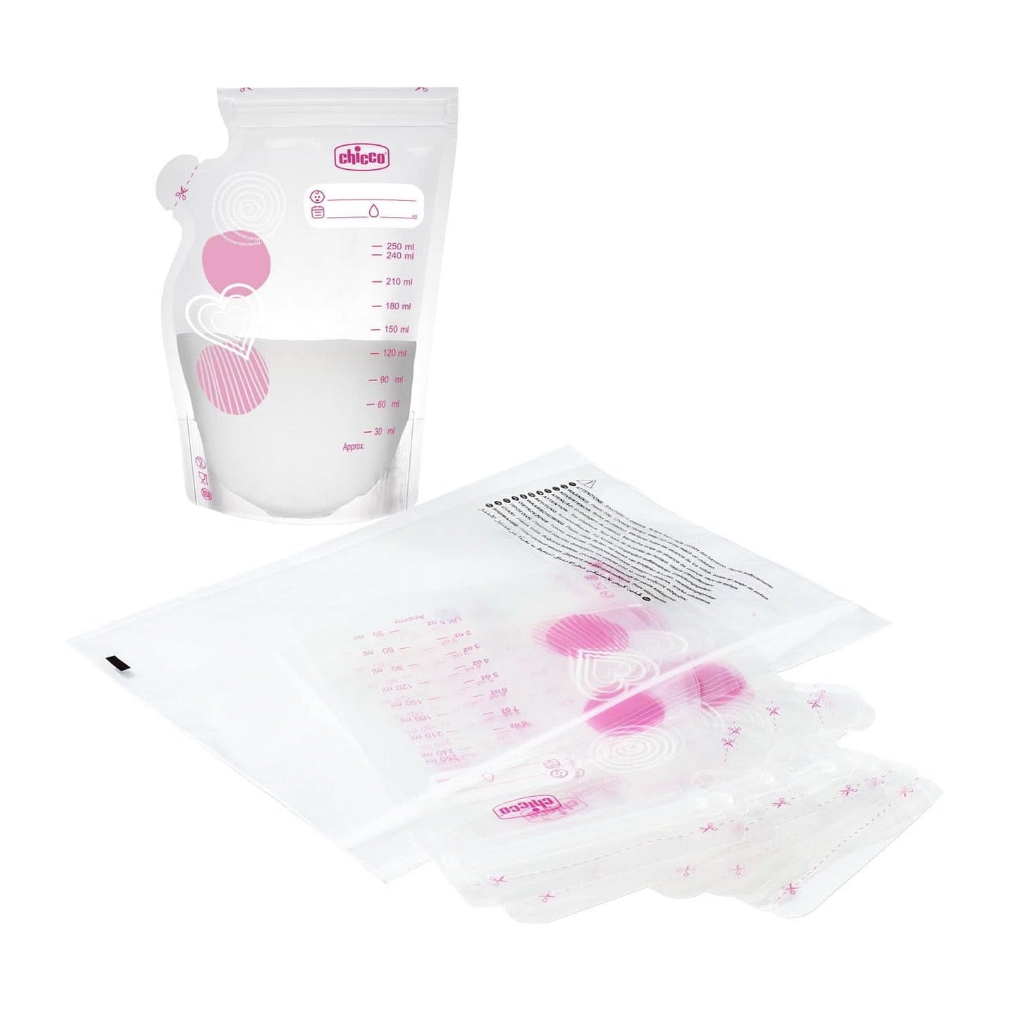 Chicco mjölkpåse med 30 bitar, Läcksäker, 250 ml Tillbehör Mat och Amning Bebe Naty Shop