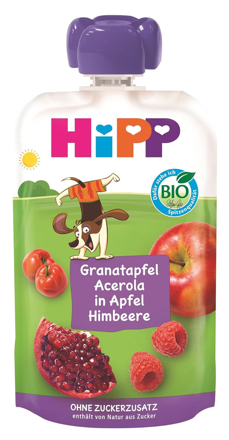 HiPP Organic Fruit Plus-påsar med granatäpple och acerola i en blandning av äpple och hallon - Ben Beagle (8 x 100g), från 1 år, 100% fruktpuré, utan tillsatt socker, vegan, bästa ekologiska kvalitet