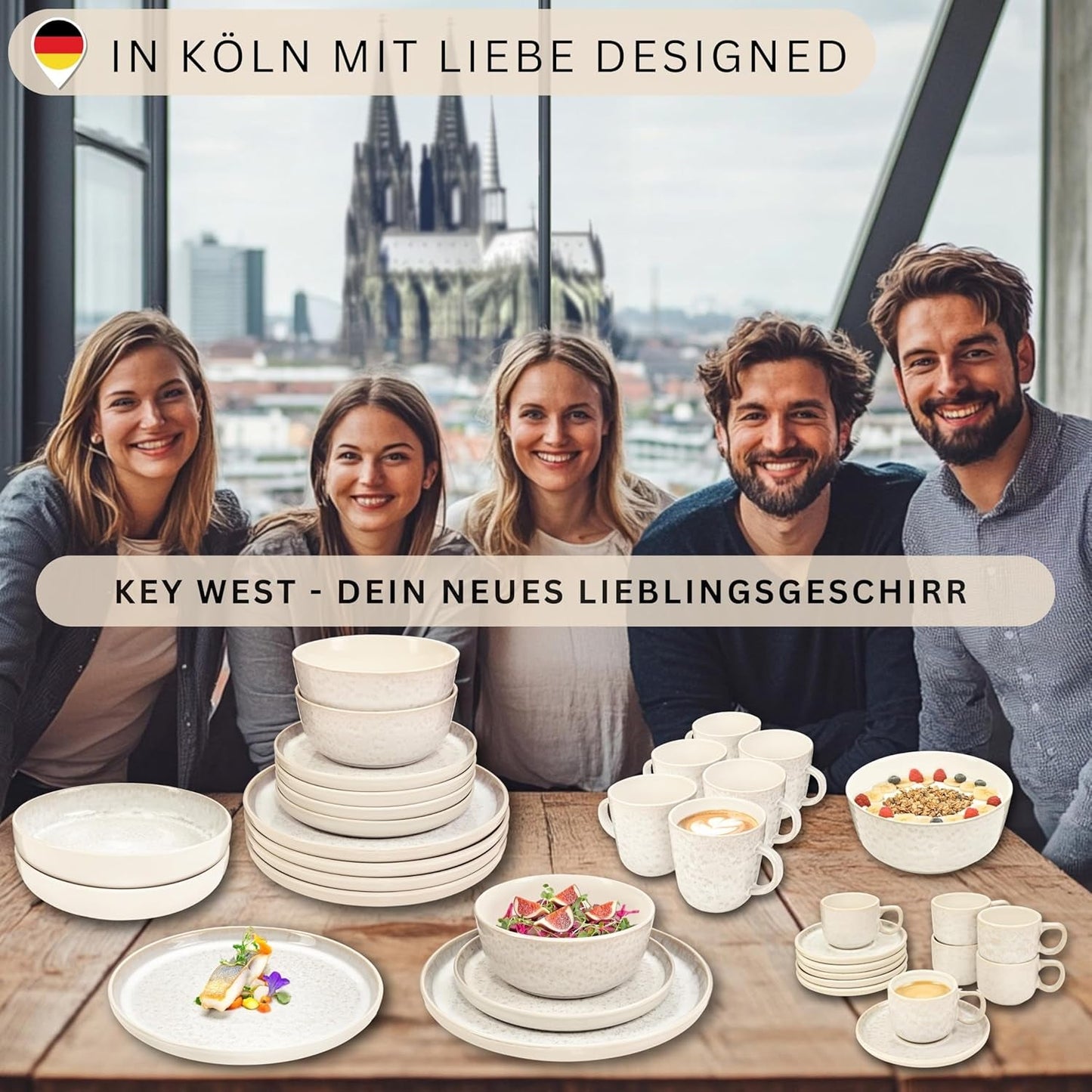 SÄNGER Key West | Stengods servisset 24-delat mattallrik set för 6 6 middagstallrikar spannmålsskålar Desserttallrikar Pasta skålar Cream serviser med sandig textur | VÄRDESAMLING