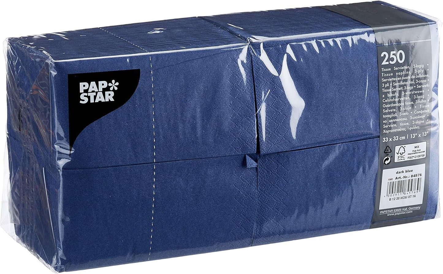 Papstar 84576 250 vävnader, 3-lagers 1/8-faldig 33 Cm X 33 Cm, Mörkblå