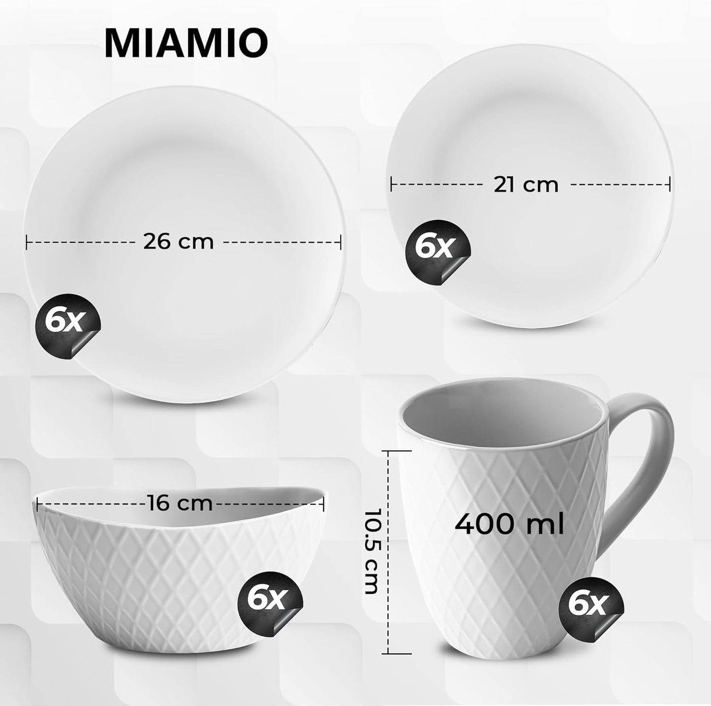 MIAMIO - Keramiskt servisset, 24 delar, kombinerad service för 6 - Säker i diskmaskin och mikrovågsugn - Palmanova Collection (vit)