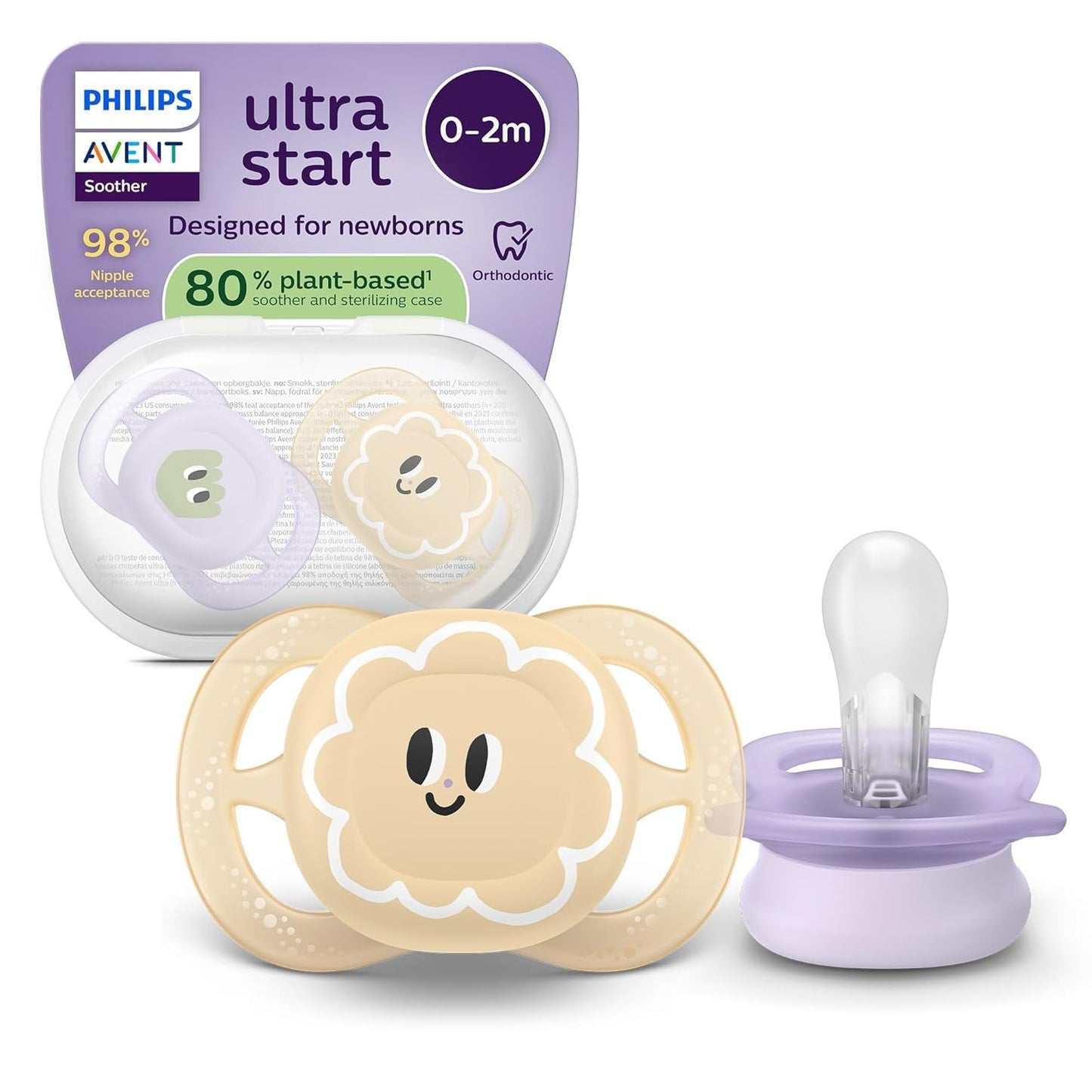 Philips AVENT Ultra Start nattnapp, ortodontisk napp för nyfödda, Glow in the Dark, BPA-fri, med steriliseringsbehållare, Twin Pack, Moon, Star, SCF075/07