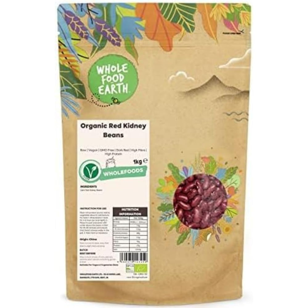 Röda bönor Wholefood Earth Organic 1kg Raw | Vegan | Icke-GMO | Mörkröd | Rik på fibrer | Rik på protein | Certifierad ekologisk