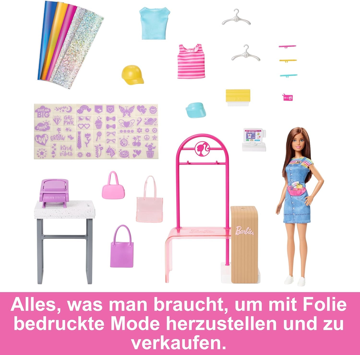 Barbie Fashion Boutique Playset - foliemönsterdocka, över 150 originalutseende, innehåller 2 blusar och 5 folielakan, klädställ och kreditkortsläsare, 3+, HKT78