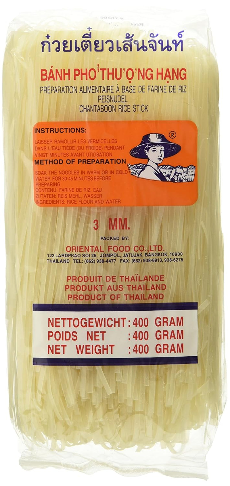 Risnudlar - thailändska, 3 mm breda risbandsnudlar, gjorda av rismjöl - 17 x 400 g