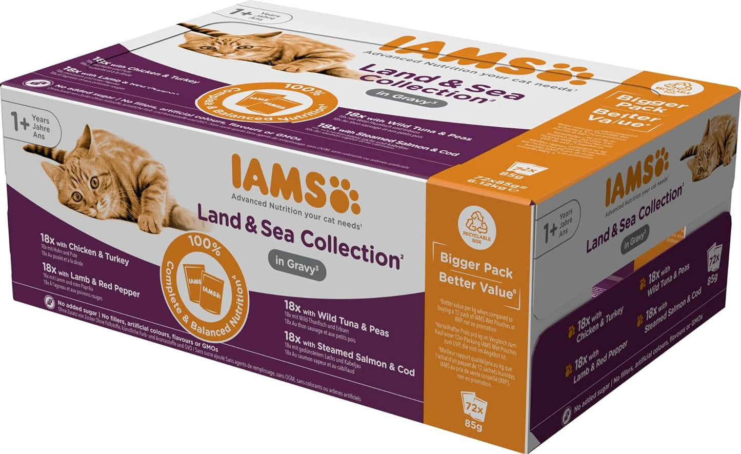 IAMS Delights Land & Sea Collection Wet Cat Food - Kött & Fisksortiment Multipack i sås, våtfoder för katter från 1 år, 72 x 85g