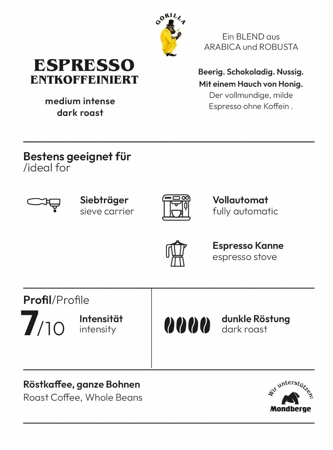 Espresso GORILLA 1000g koffeinfria, hela bönor