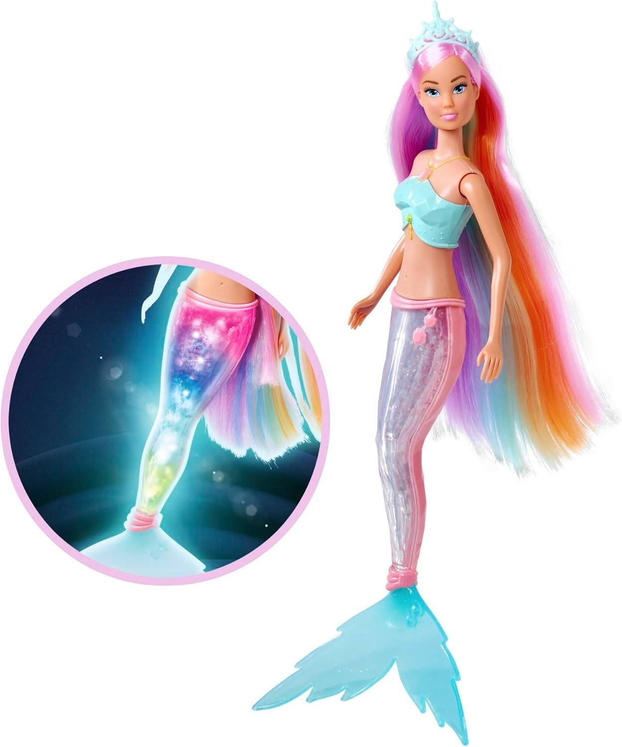 Steffi Love Magic Rainbow Mermaid, sjöjungfrudocka med Magic Rainbow Light-funktion och extra långt hår, 39 cm, åldrar 3+