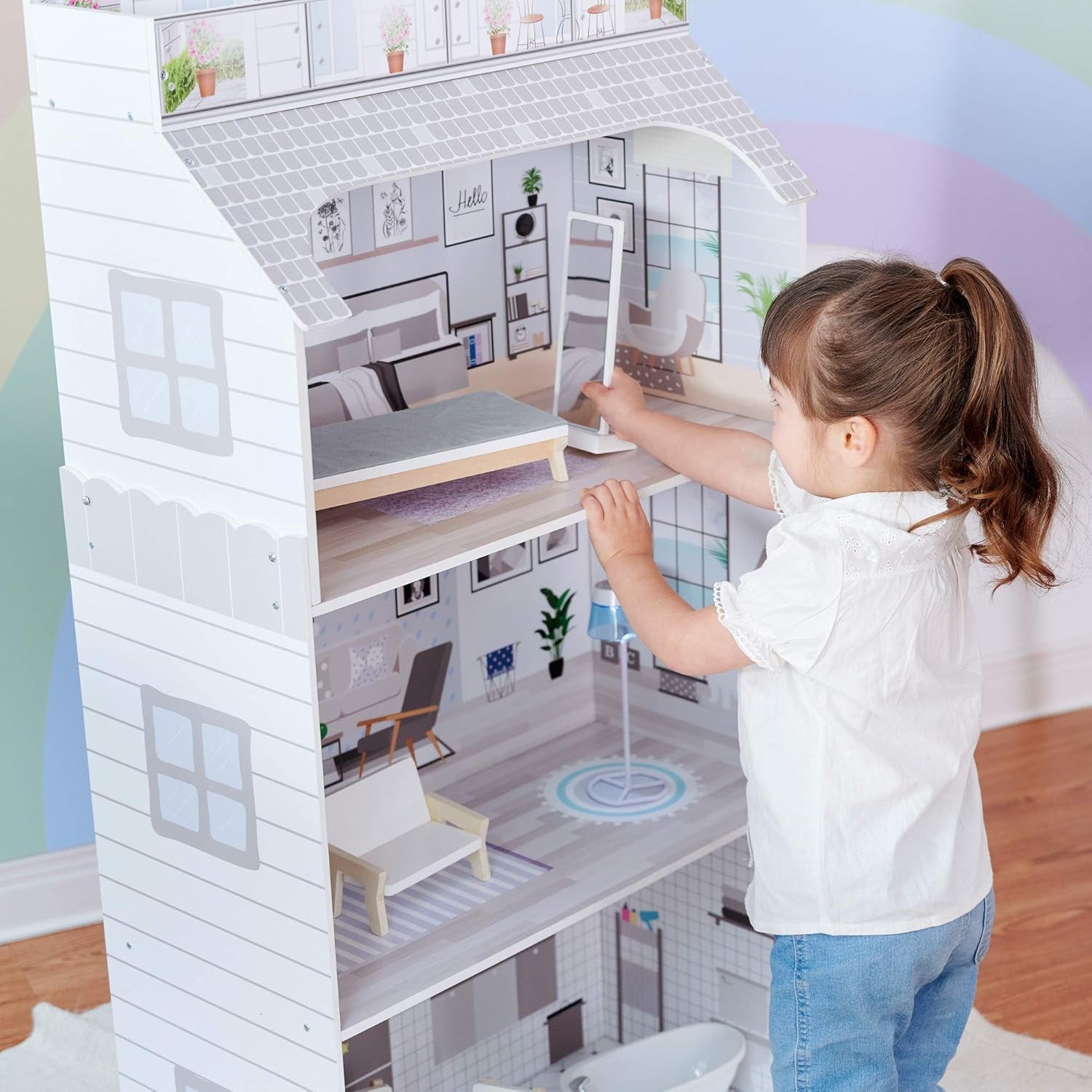 Teamson Kids Olivia's Little World Giant Dollhouse med möbler och tillbehör, dockhus i trä, 3-vånings lekset för 30 cm dockor, åldrar 3+