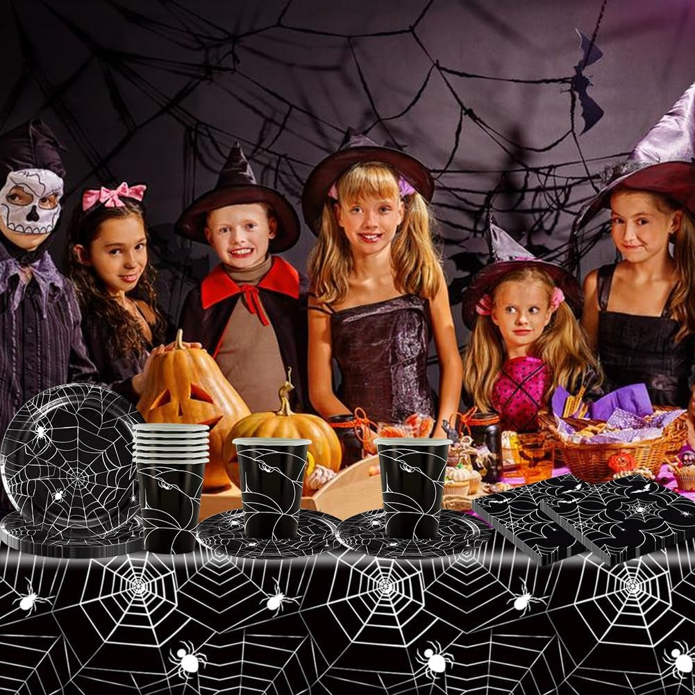 49 delar Halloween Spider Paper Bestick Set Inklusive tallrikar, servetter, glas och bordsduk. Svart servisset med desserttallrikar, servetter och glas.