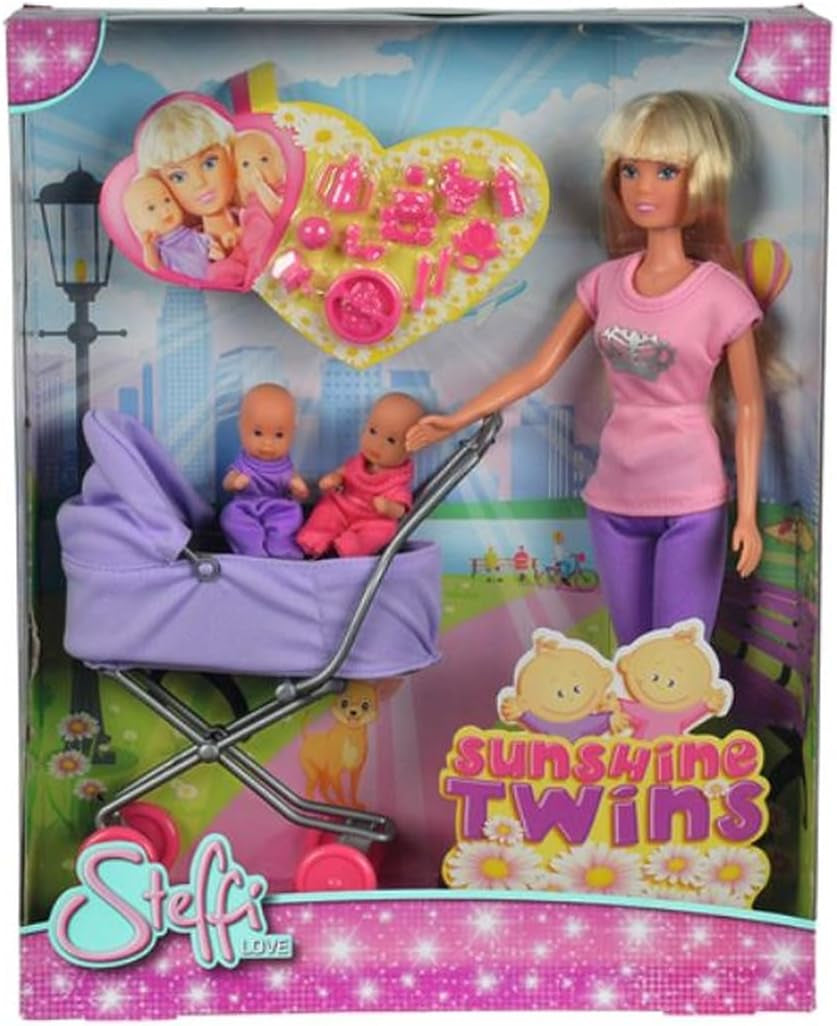 Simba Steffi Love Sunshine Twins - Docka med tvillingar och barnvagn, inklusive tillbehör som flaskor och leksaker, matchande variant med 2 dockor, dockset för barn från 3 år och uppåt