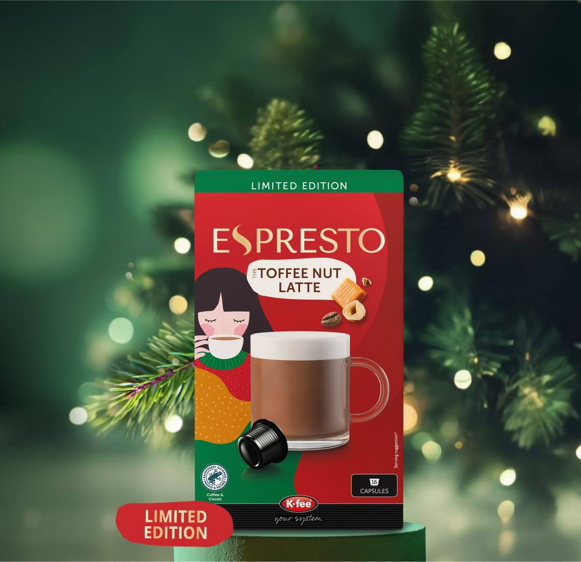 ESPRESTO Toffee Nut Latte, kompatibel med K-fee & ALDI EXPRESSI*, smaksatt mjölkkaffe, RFA-certifierad, 96 kapslar
