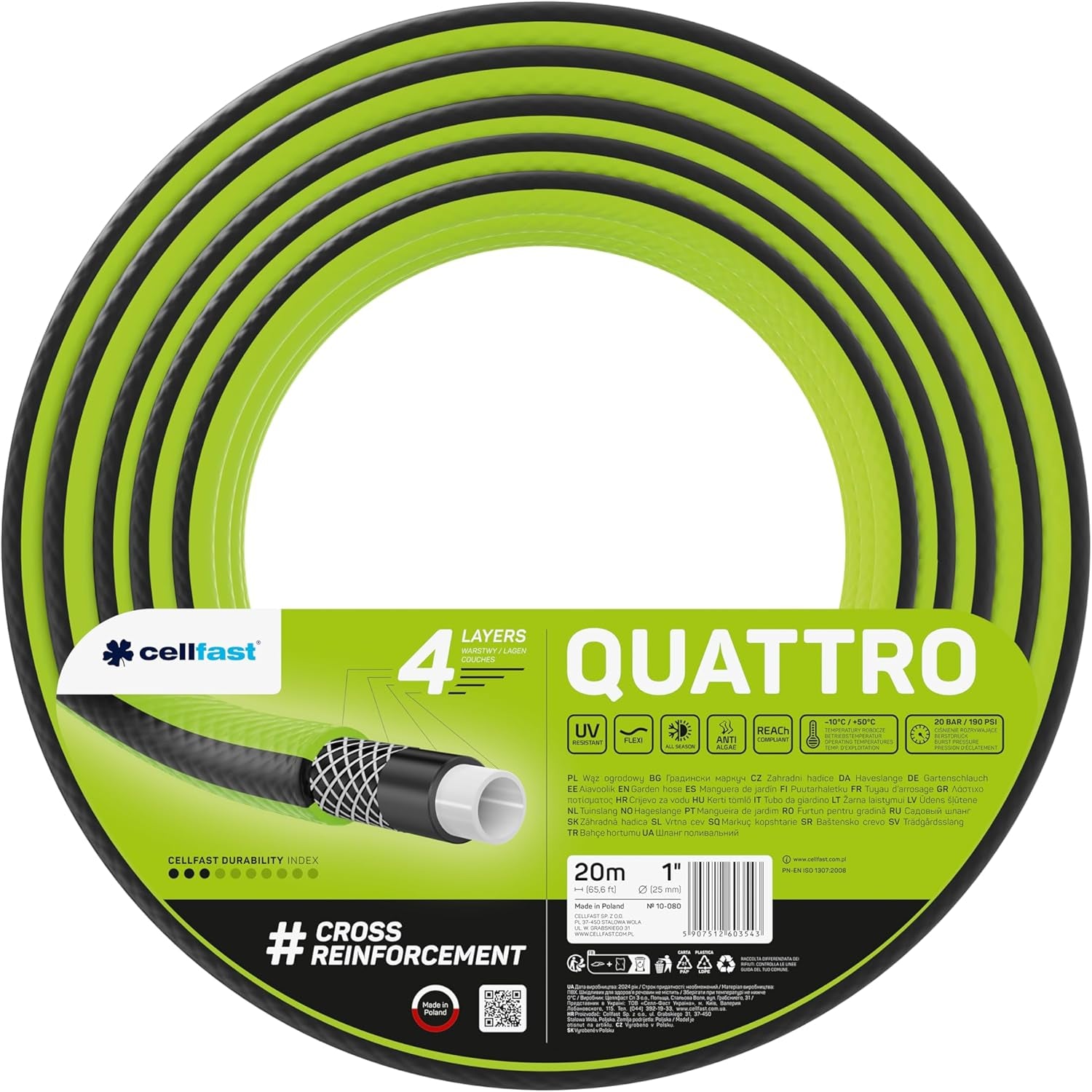 Cellfast QUATTRO Trädgårdsslang Slitstark Lättvikts 4-lagers UV-beständig trådslang Cross Braid 20 Bar 3/4" 15m 10-074