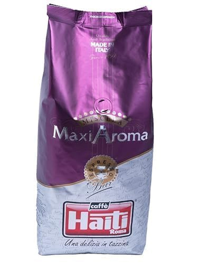 Caffè Haiti Roma Maxi Aroma kaffe i 1 kg förpackning. Balanserad blandning, hantverksstek, tillverkad i Italien.