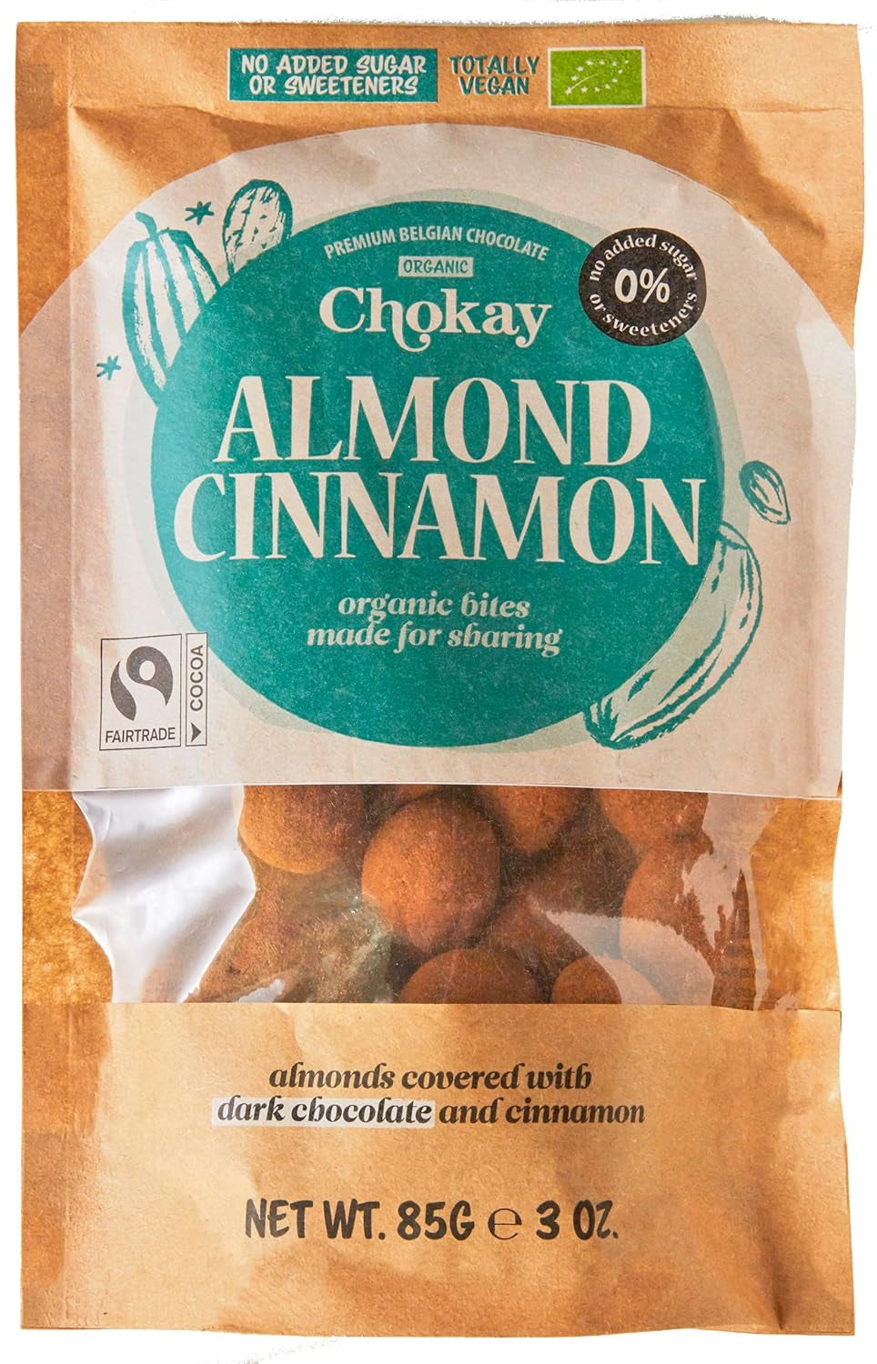 Set med 4 ekologiska bites - kanelmandlar/kanelmandlar i belgisk mörk choklad/utan tillsatt socker, inga sötningsmedel/VEGAN & FAIR TRADE / 4 x 85g