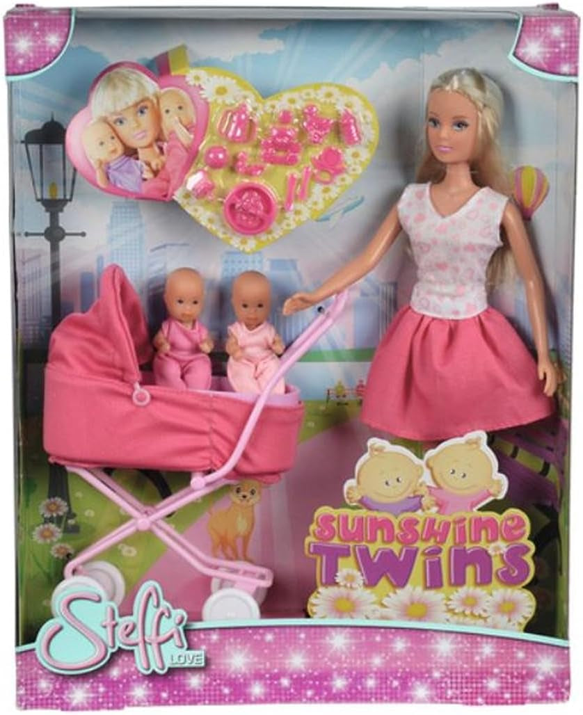 Simba Steffi Love Sunshine Twins - Docka med tvillingar och barnvagn, inklusive tillbehör som flaskor och leksaker, matchande variant med 2 dockor, dockset för barn från 3 år och uppåt