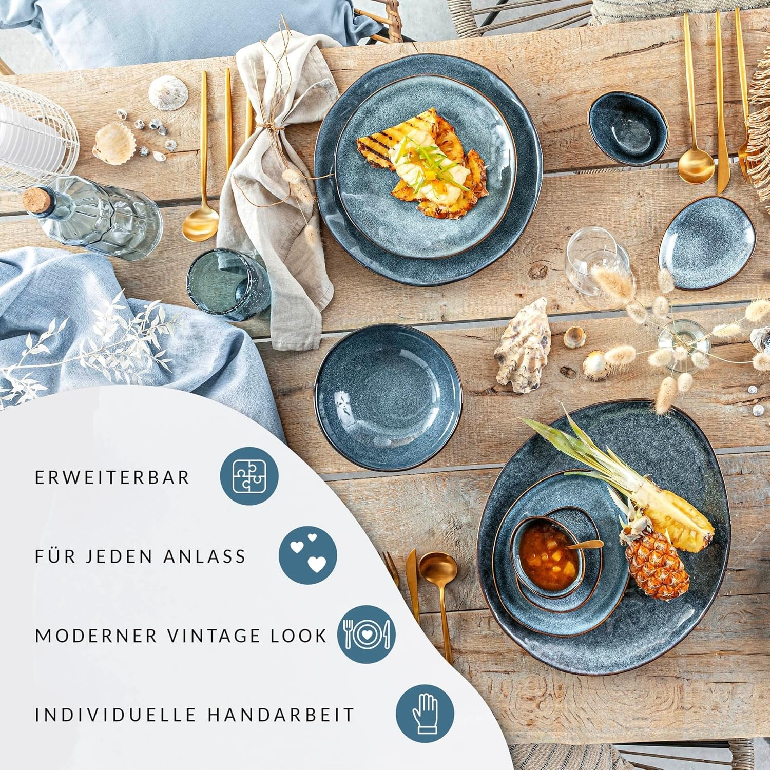 SANGER | Darwin 12-delade servisset, servisset i stengods för 4, blå servisset inklusive mattallrikar, desserttallrikar och sopptallrikar, handgjorda servisset | PREMIUM KOLLEKTIONEN