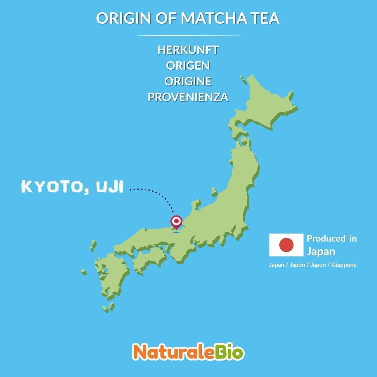 Naturalebio Ceremonial Grade Matcha Tea Powder Original grönt te från Japan. Matcha grönt tepulver av ceremoniell kvalitet tillverkat i Uji, Kyoto. Perfekt för att dricka, laga mat och latte. Kartong med 30 g.