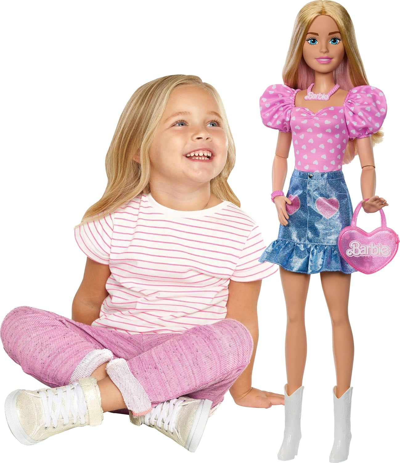 Fashionabla Barbie Doll 71 cm blond med avtagbara kläder Rosa topp jeanskjol Cowboyboots Halsband och handväska HYT84