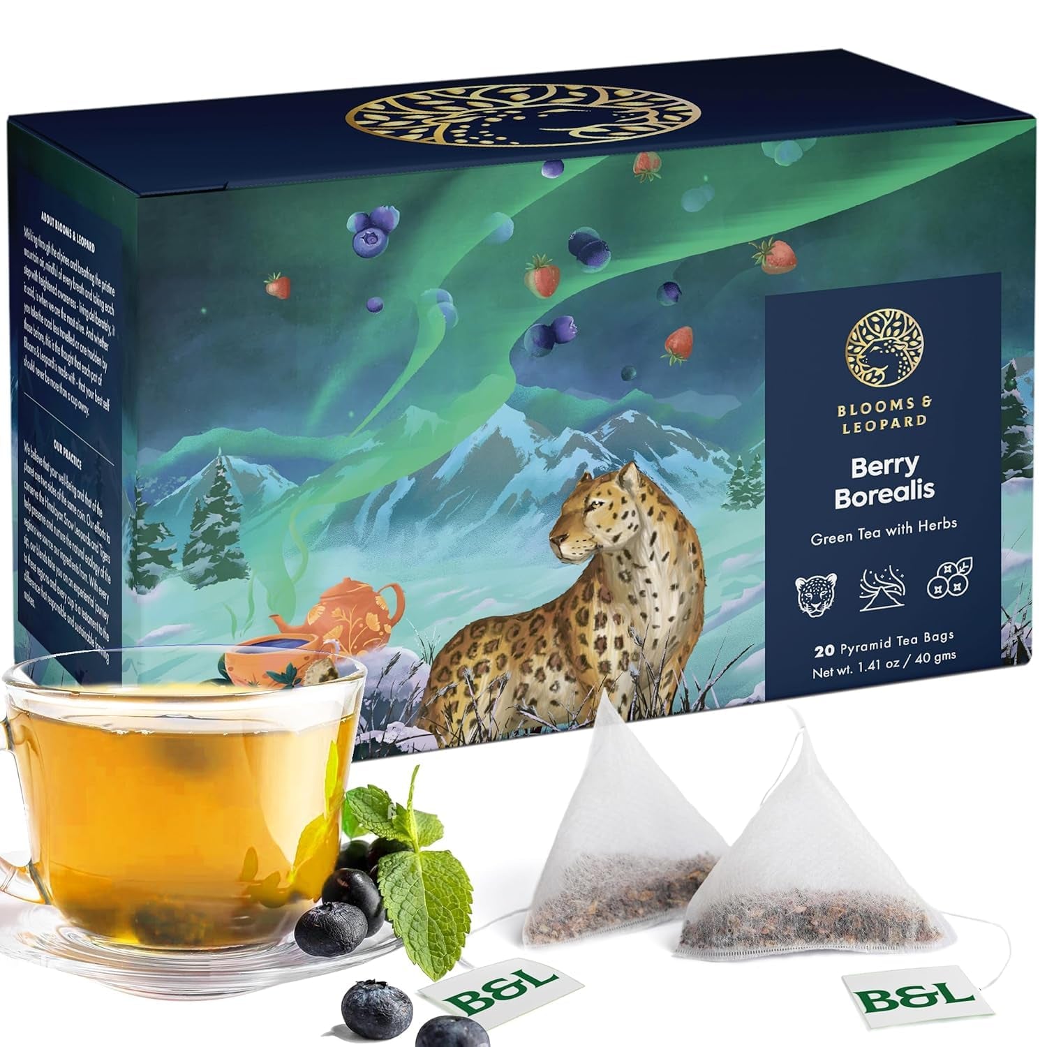 Blooms & Leopard Premium gröna tepåsar - Berry Borealis Blend med Hibiscus, Blueberry, Strawberry and Spearmint - 20 Pyramid tepåsar för varmt eller kallt te