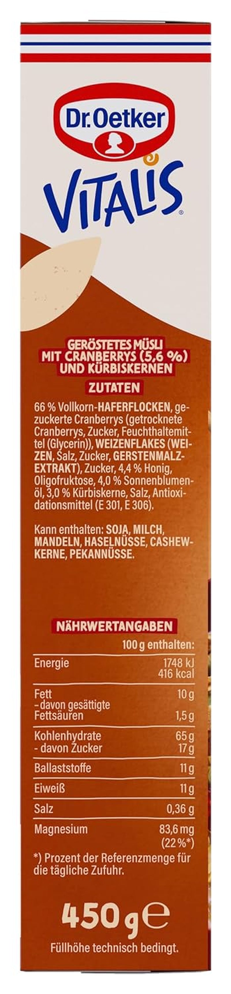 Dr. Oetker Vitalis rostad müsli med tranbär och pumpafrön: rostad müsli med torkade tranbär, 8 st (8 x 501 g)