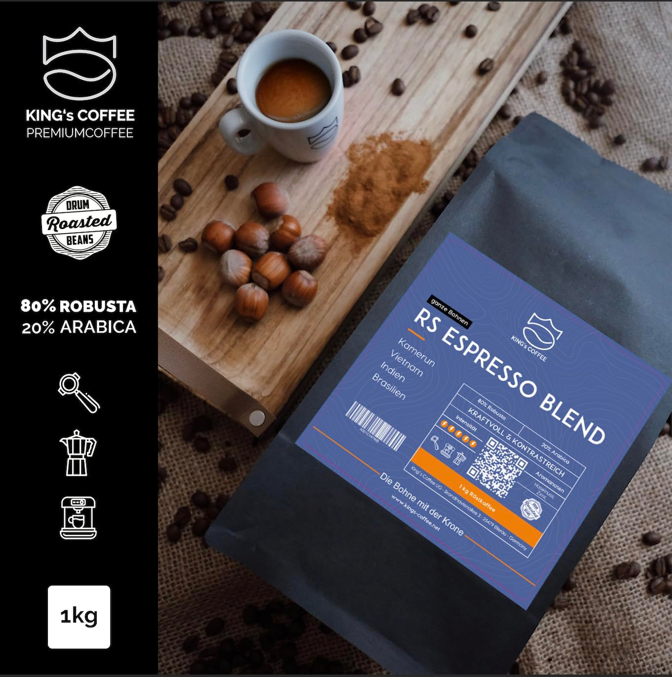 KING'S COFFEE - AMESTEC RS ESPRESSO - 1 kg starka och aromatiska kaffebönor - kaffe med låg syrahalt - kaffe med hela bönor - liten sats rostning från Italien - espressobönor för helautomatiska maskiner och portafiltermaskiner