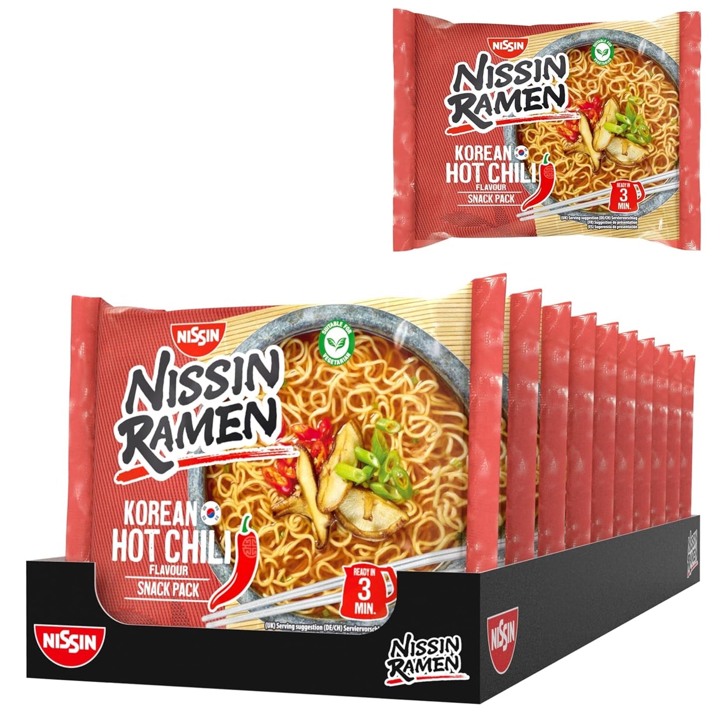Nissin Ramen - Koreansk kryddig chili 10-pack snabbnudlar i asiatisk stil baserat på ett koreanskt recept Snabbt och enkelt att tillaga asiatisk mat (10 x 65,2 g)