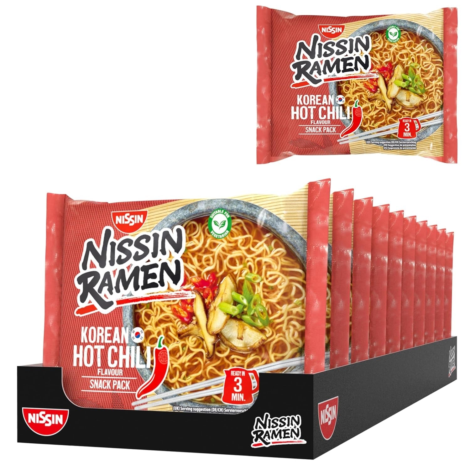 Nissin Ramen - Koreansk kryddig chili 10-pack snabbnudlar i asiatisk stil baserat på ett koreanskt recept Snabbt och enkelt att tillaga asiatisk mat (10 x 65,2 g)