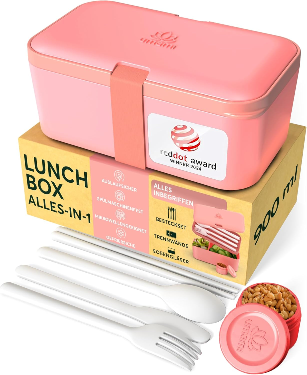 Umami Lunchbox för vuxna, Stapelbar Bento Box med 4 bestick och fack, Vuxen Lunch Box, To-go salladsbehållare, Picknick / Office Lunch Box, Kolgrå, 1500ml Naty Shop Matförvaringslådor Korallrosa - 900 Ml M - 900/1000 Ml