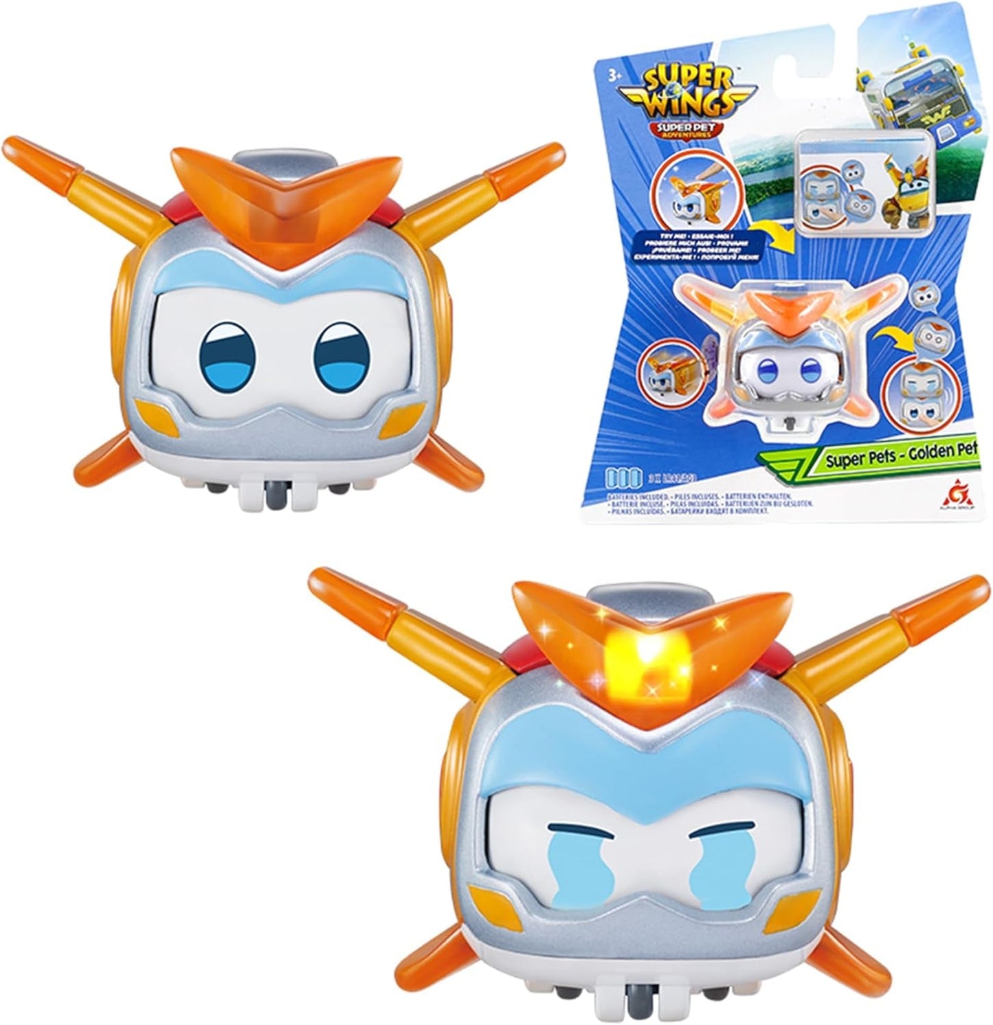 Super Wings Super Pets 4 ST Shine, Golden Boy, Jerome, Ellie Switchable Ansiktsuttryck Blixteffekt Bärbar leksak för 3 4 5 6 7 8 Years Old Boy Girl 2 Inch Actionfigurer Naty Shop Golden Boy